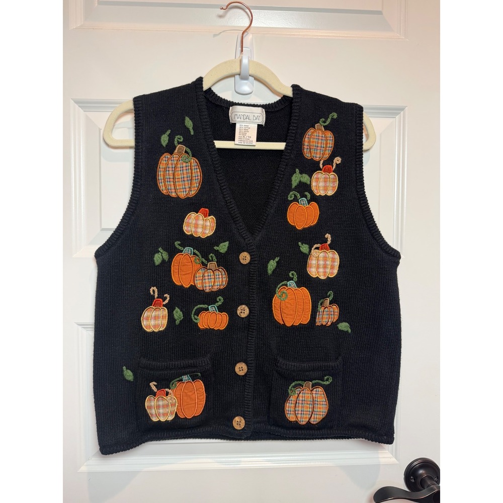 Mandal Bay Womens XL Pumpkin Patch Knit Sweater Vest Black Button Front Fall